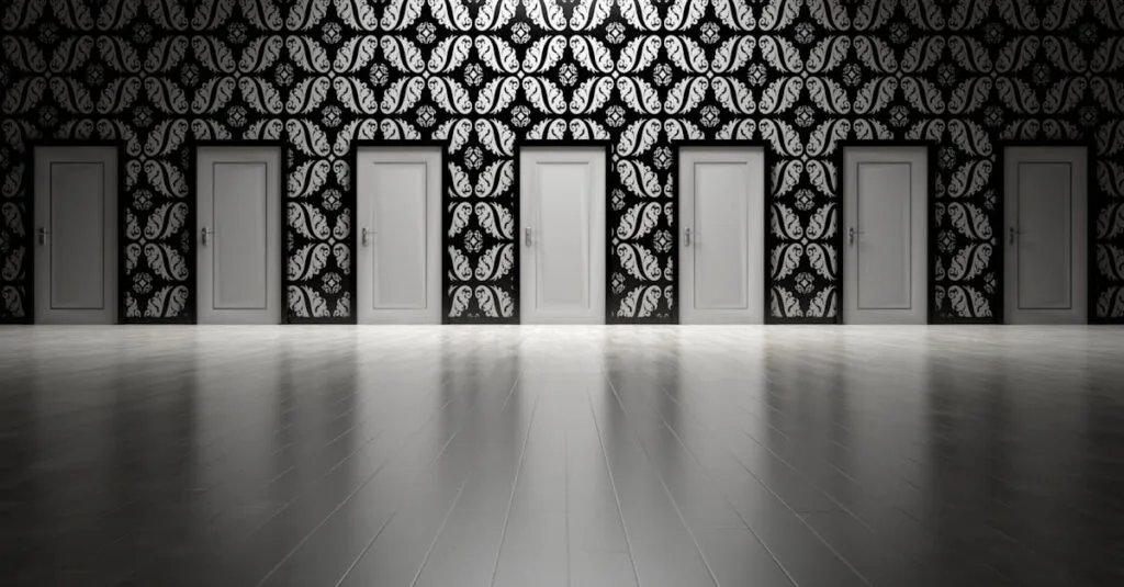 Five closed doors in a black and white ornate hallway symbolizing opportunities and decisions.