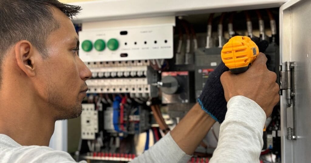 Skilled electrician using a drill to repair electrical equipment indoors. Focus on precision and safety.