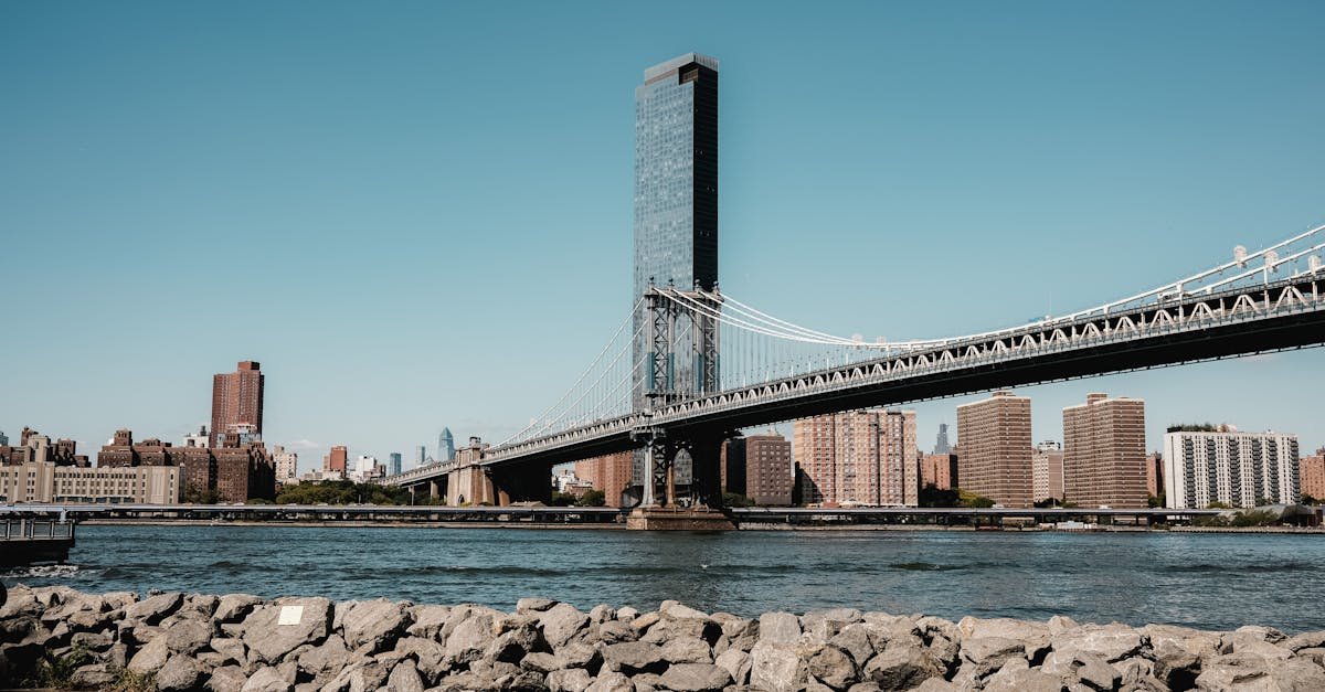 A stunning daytime view of the Manhattan Bridge with New York City skyline in the background.