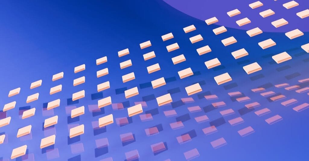 Dynamic 3D abstract image with geometric pattern in blue and peach tones.