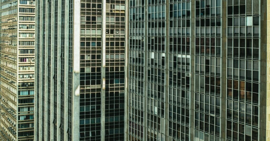 Detailed view of modern skyscraper windows showcasing urban architecture.
