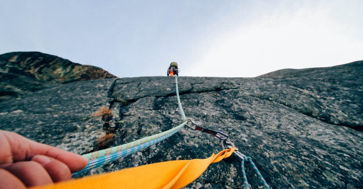 Capture the thrill of rock climbing with this dynamic low-angle shot showcasing determination and teamwork.