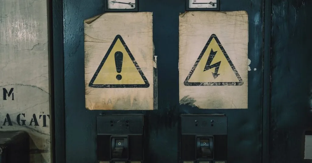 Close-up of industrial warning signs on an aged electrical panel.