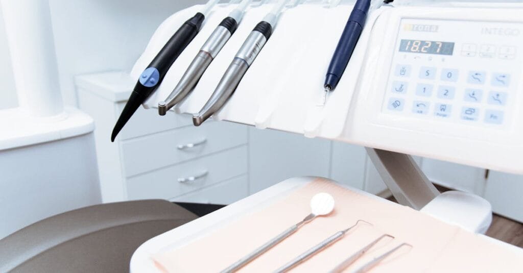 Clean and professional dental office setup with tools ready for patient treatment.