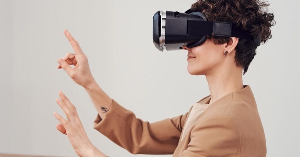 A woman engaging with virtual reality technology using a VR headset for an immersive experience.