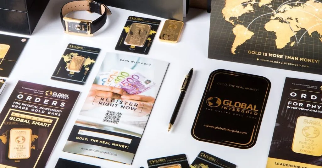 Flat lay of promotional materials for gold investment, featuring brochures, cards, and gold bars.