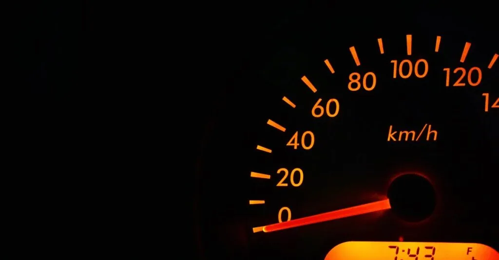 Night view of a car speedometer illuminated in orange, showing kilometers per hour.