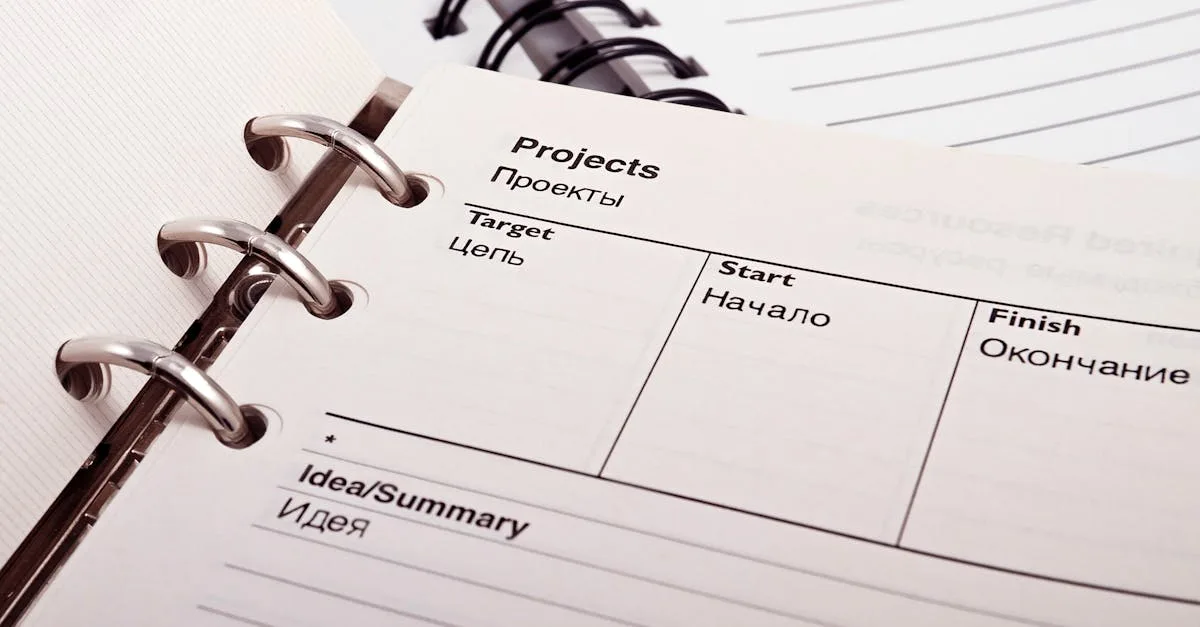Open planner displaying project schedule with Russian-English text, ideal for office or educational content.