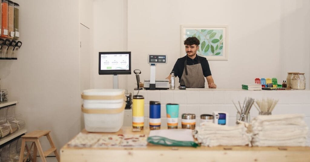 A modern retail store featuring eco-friendly, zero-waste products and a smiling cashier.