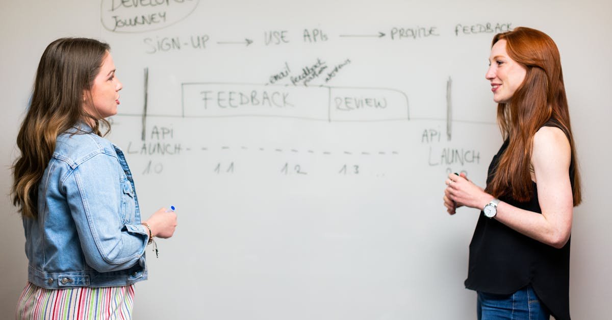 Two women engaging in a discussion about API development processes at a whiteboard.