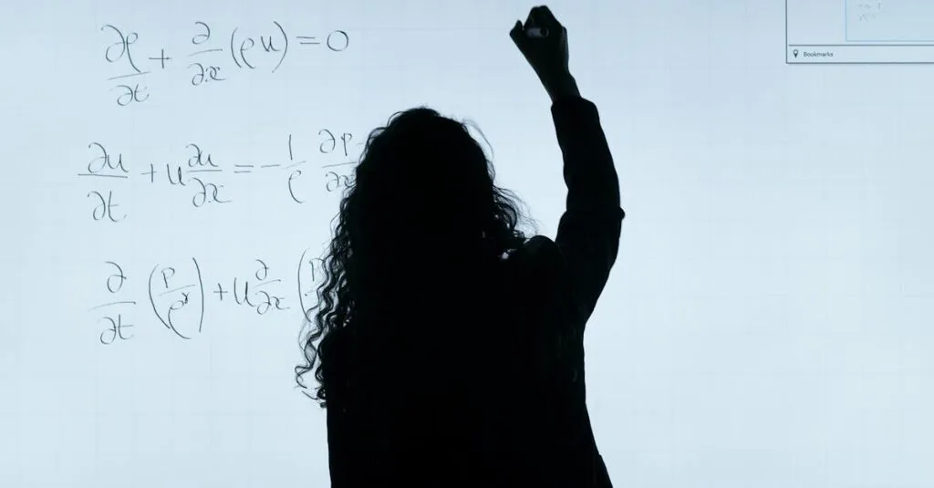 A silhouette of a woman writing mathematical equations on a large whiteboard, representing education and analysis.