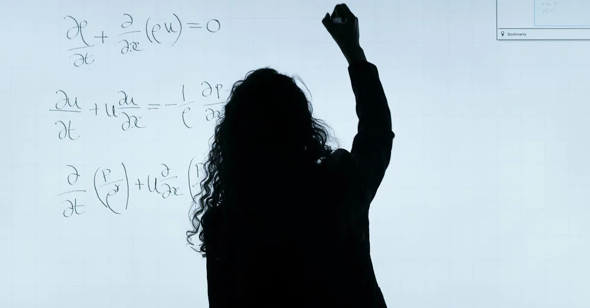 A silhouette of a woman writing mathematical equations on a large whiteboard, representing education and analysis.