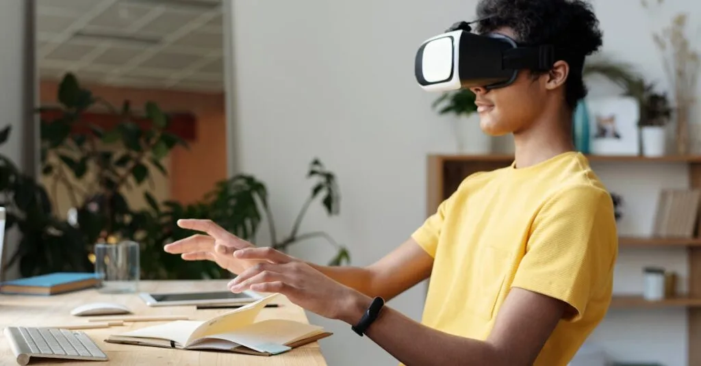 Teenager wearing a VR headset and interacting in a home setting, enjoying virtual reality experience.