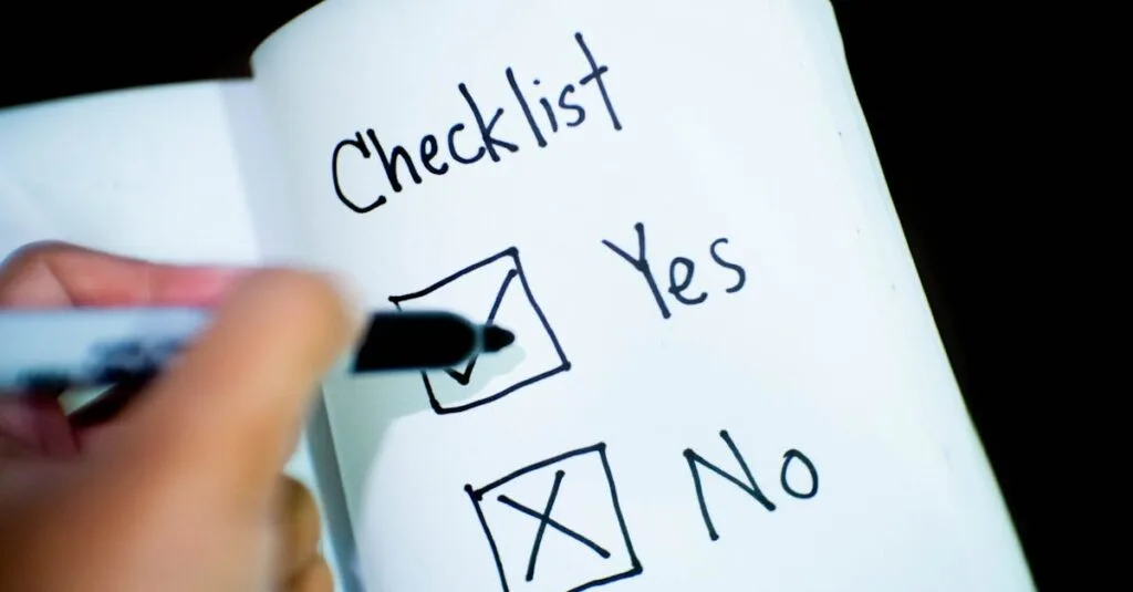 A notebook featuring a checklist with a marked 'Yes' box, captured in a close-up shot.