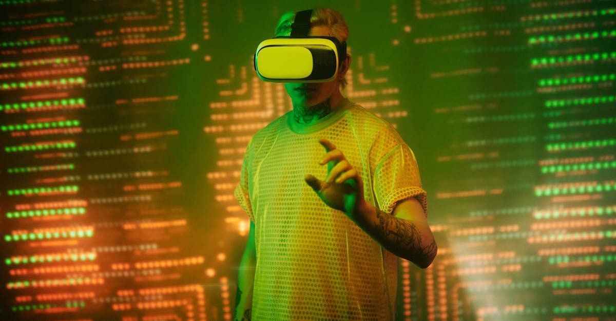 Person immersed in virtual reality, illuminated by vibrant lights, in a futuristic tech environment.