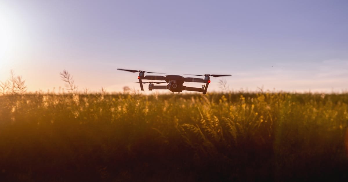 A drone flies over a field during sunset, capturing stunning aerial views.