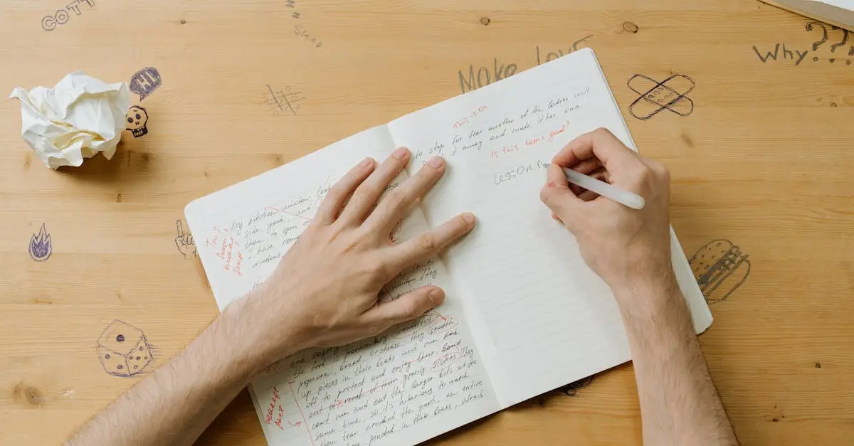 A person writing notes on a notebook with doodles on a wooden desk, reflecting creativity and education.