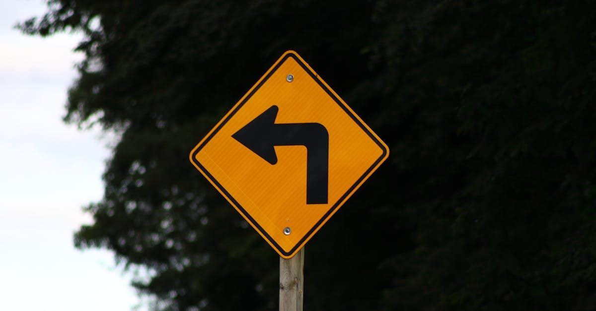 Close-up of a yellow left turn warning sign on a rural road.
