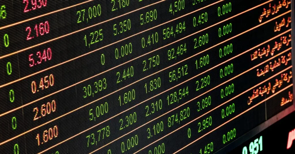 Detailed view of a stock market screen showing numbers and data, symbolizing financial trading.
