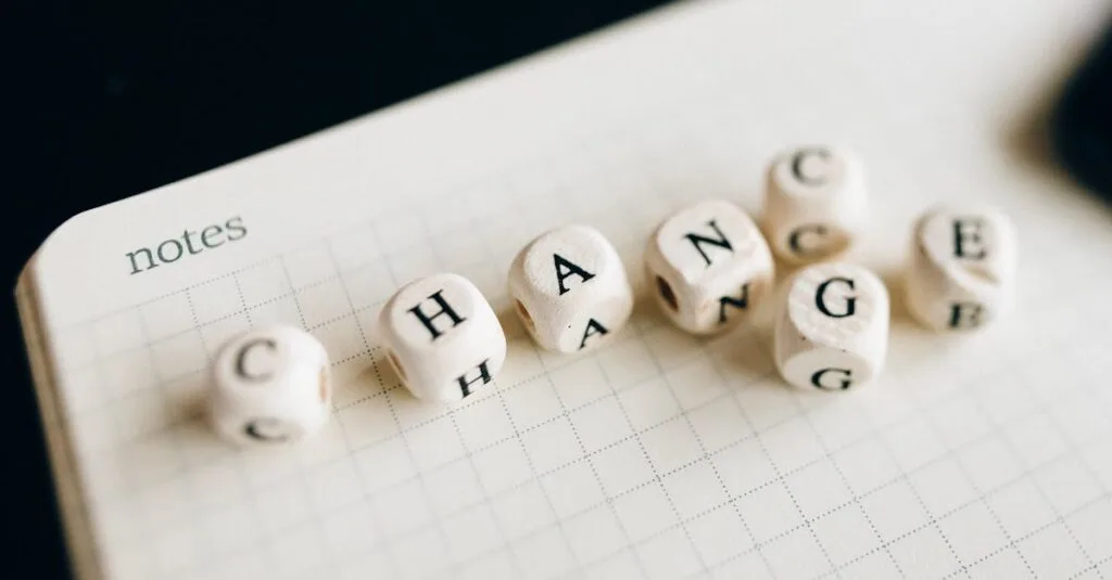 Close-up of letter dice spelling 'change' on a grid notepad, symbolizing transformation.