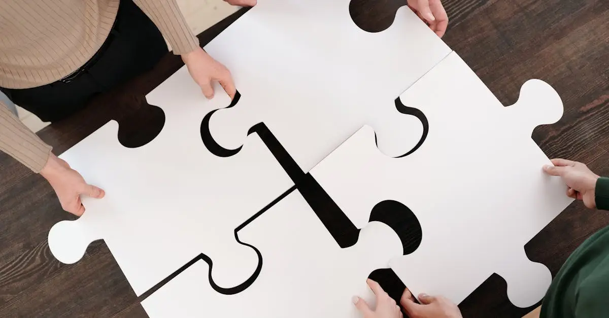 Group collaborating on assembling large puzzle pieces symbolizing teamwork and unity.