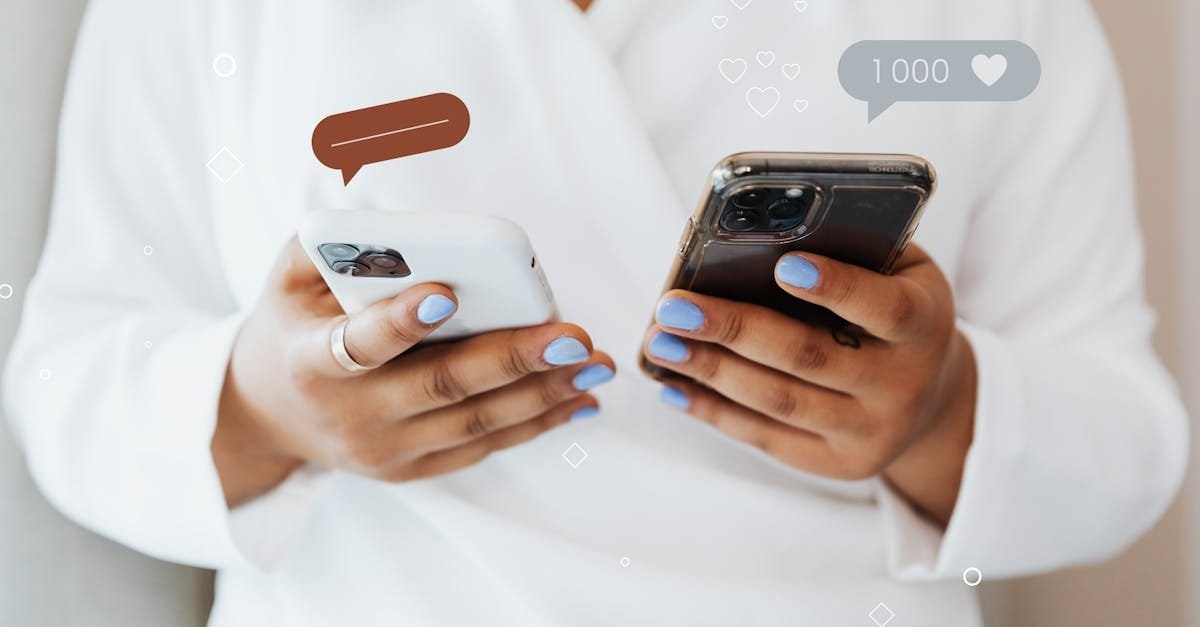 A woman in a white robe interacts with two smartphones, showcasing social media engagement icons.