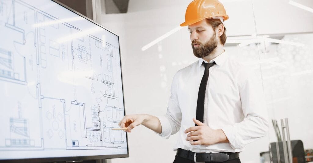 Architect in hard hat reviewing blueprints on a screen, discussing plans in modern office.