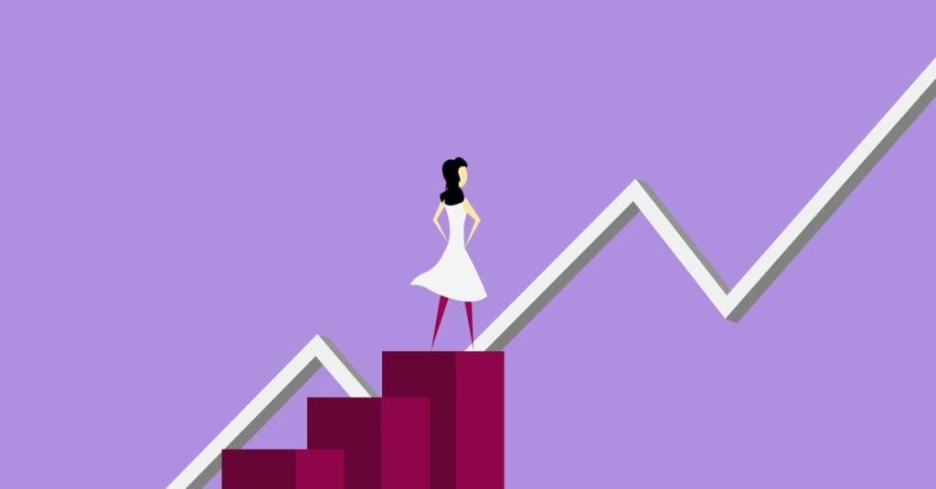 Minimalist illustration of a woman on a growth chart, symbolizing career progress and success.