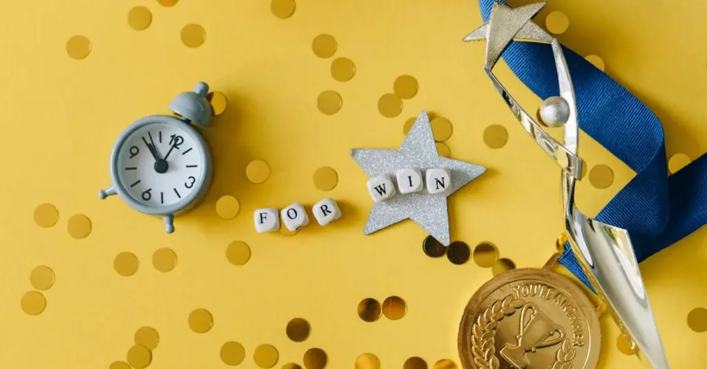 Conceptual flat lay of a trophy, medal, and clock with 'FOR WIN' letters, symbolizing victory and achievement.