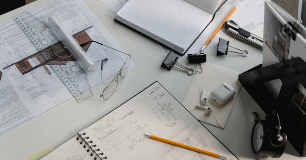 A busy architectural workspace featuring blueprints, sketches, and drafting tools.
