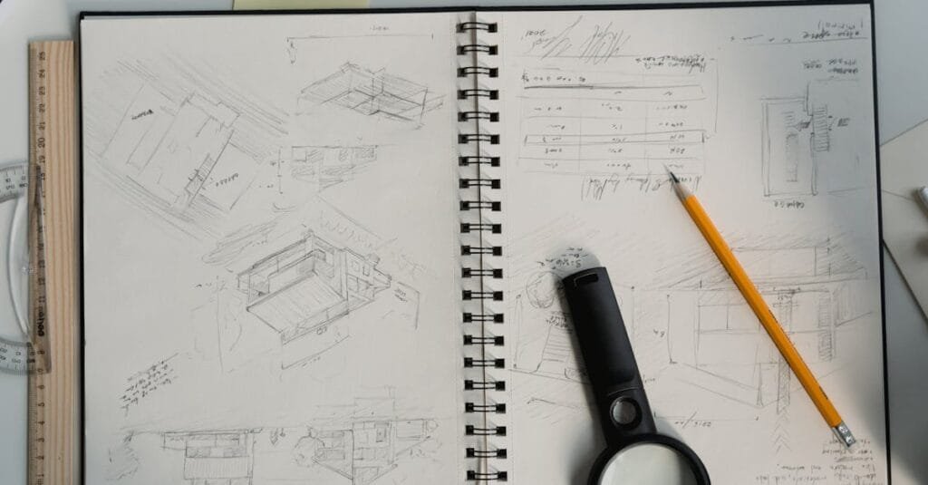 Detailed architectural sketches with drawing tools on a desk, perfect for design projects.