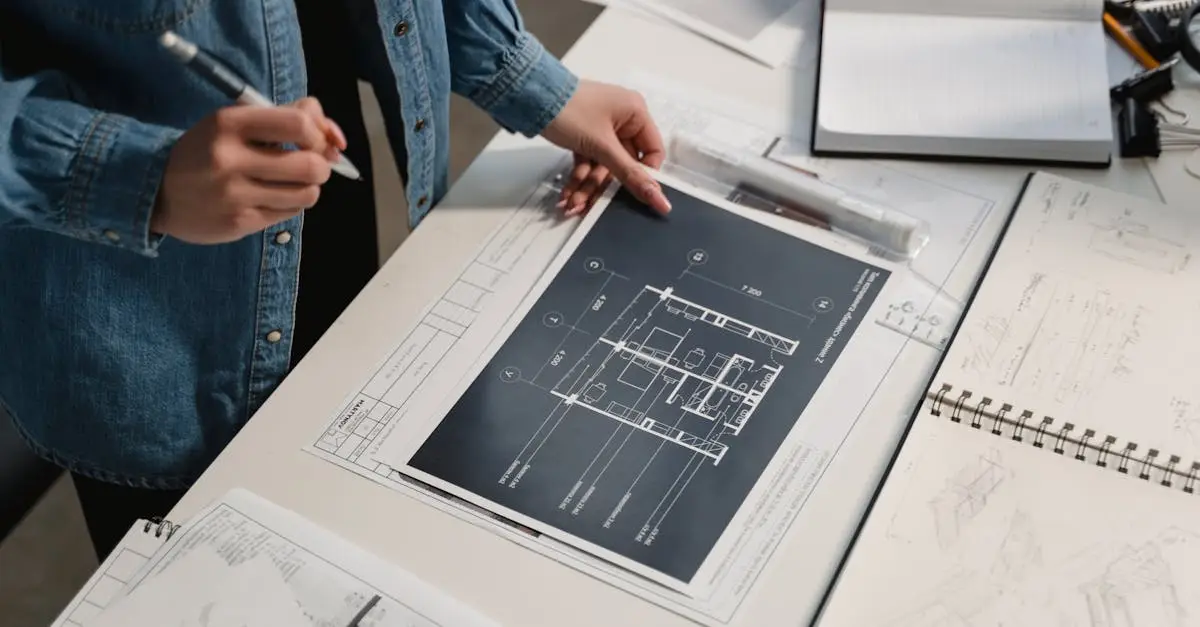 Engineer reviewing architectural blueprints on a desk with technical drawings.