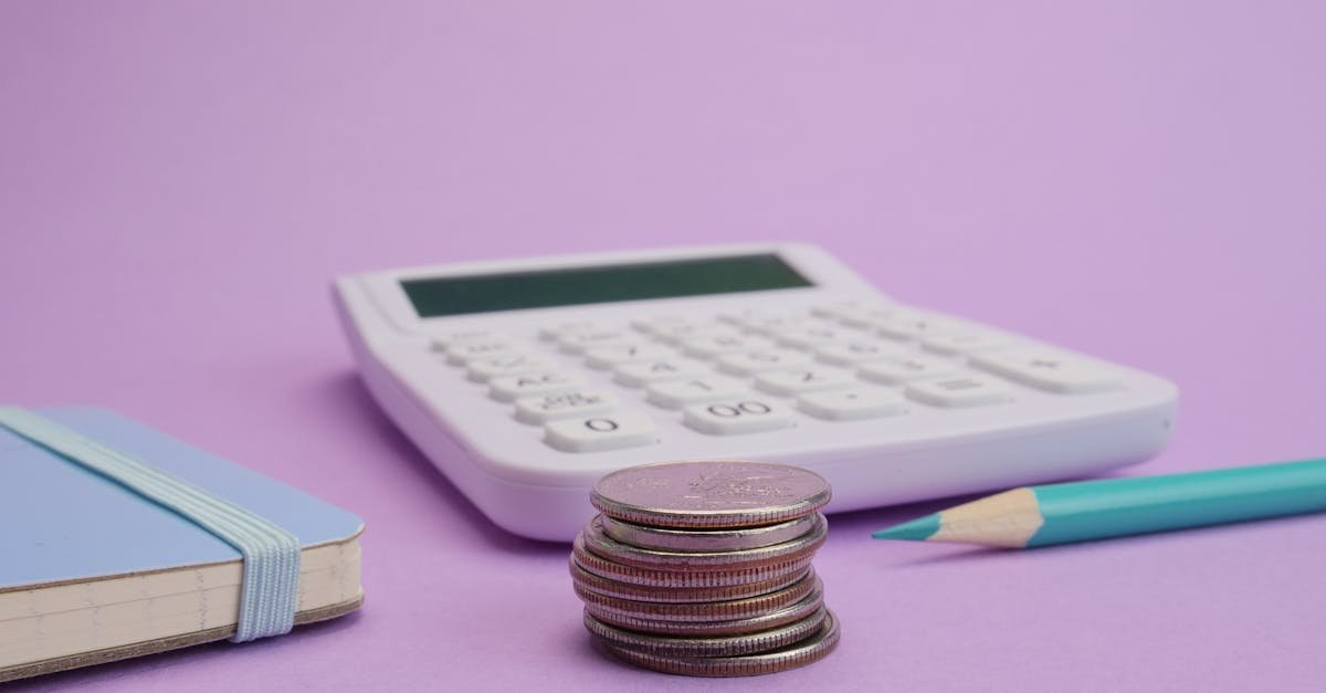 Calculator, coins, and stationery symbolize budgeting and finance on a pastel purple backdrop.