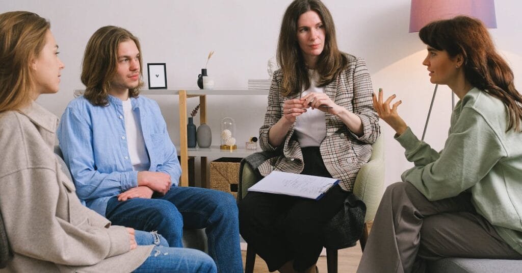 A group therapy session taking place indoors with an attentive counselor guiding the discussion.