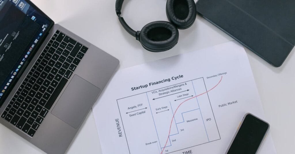 Flat lay of a modern workspace with tech gadgets and a startup financing cycle chart.
