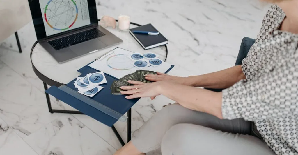 Astrology scene with a woman using a laptop and tarot cards in a modern living room.