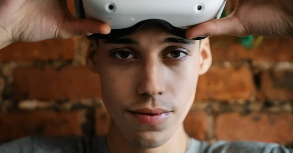 Close-up of a man wearing a VR headset indoors with a brick wall background.