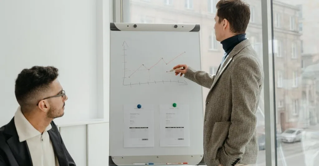 Two professionals examining graphs during an office presentation.