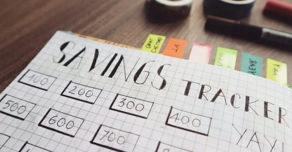 Close-up of a handmade savings tracker with colored tabs on a wooden table, ideal for financial planning visuals.