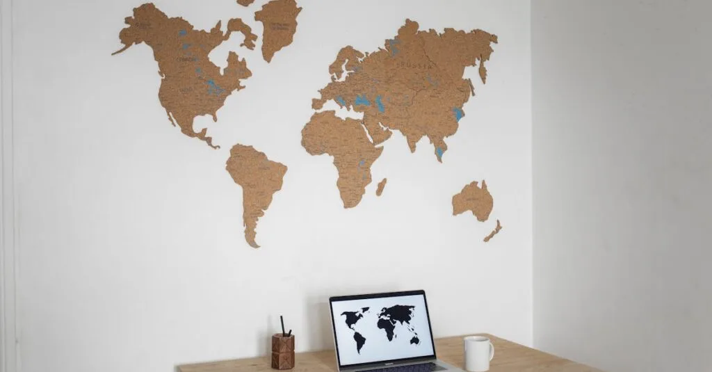A minimalist workspace with a laptop and cork world map wall art.