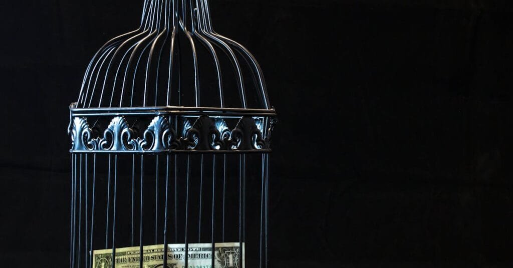 A dollar bill imprisoned in a decorative cage symbolizing financial confinement.