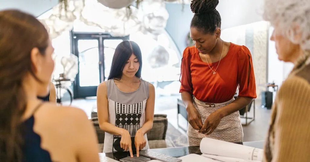 A diverse group of professional women collaborate on a project in a modern office setting.