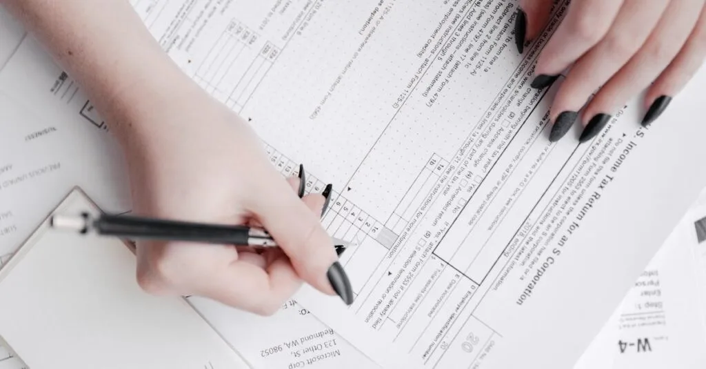 A detailed close-up of a woman filling out tax forms with a pen. Ideal for finance themes.