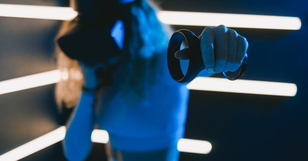 A woman is immersed in virtual reality gaming, holding a VR controller in one hand.