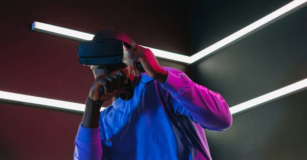An adult man fully engaged in a virtual reality simulation with VR headset in a futuristic setting.