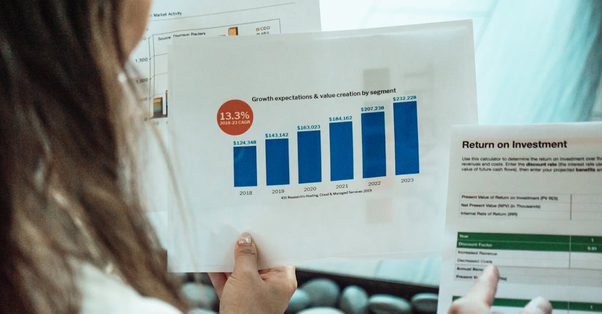 Person analyzing financial graphs and ROI reports, focusing on investment growth.