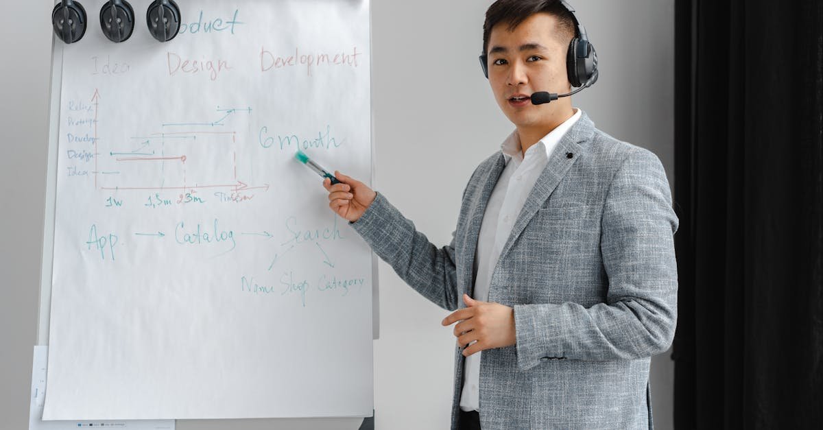 Asian man in a gray suit giving a presentation with a flipchart, wearing a headset.