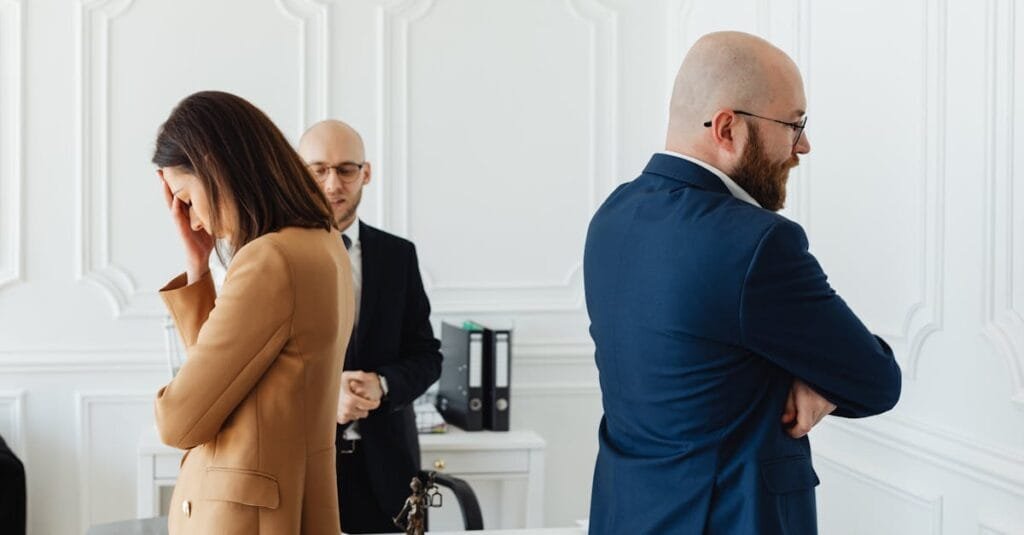Tense office atmosphere with professionals showing emotions in modern workplace.