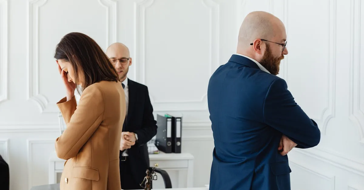 Tense office atmosphere with professionals showing emotions in modern workplace.