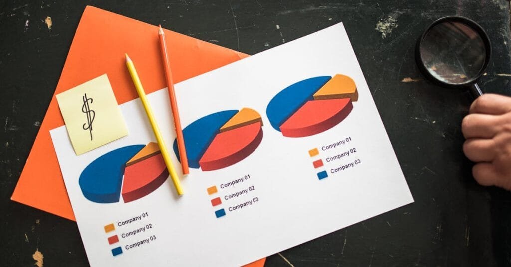 Colorful pie charts on paper with office supplies on a desk, illustrating financial data analysis.